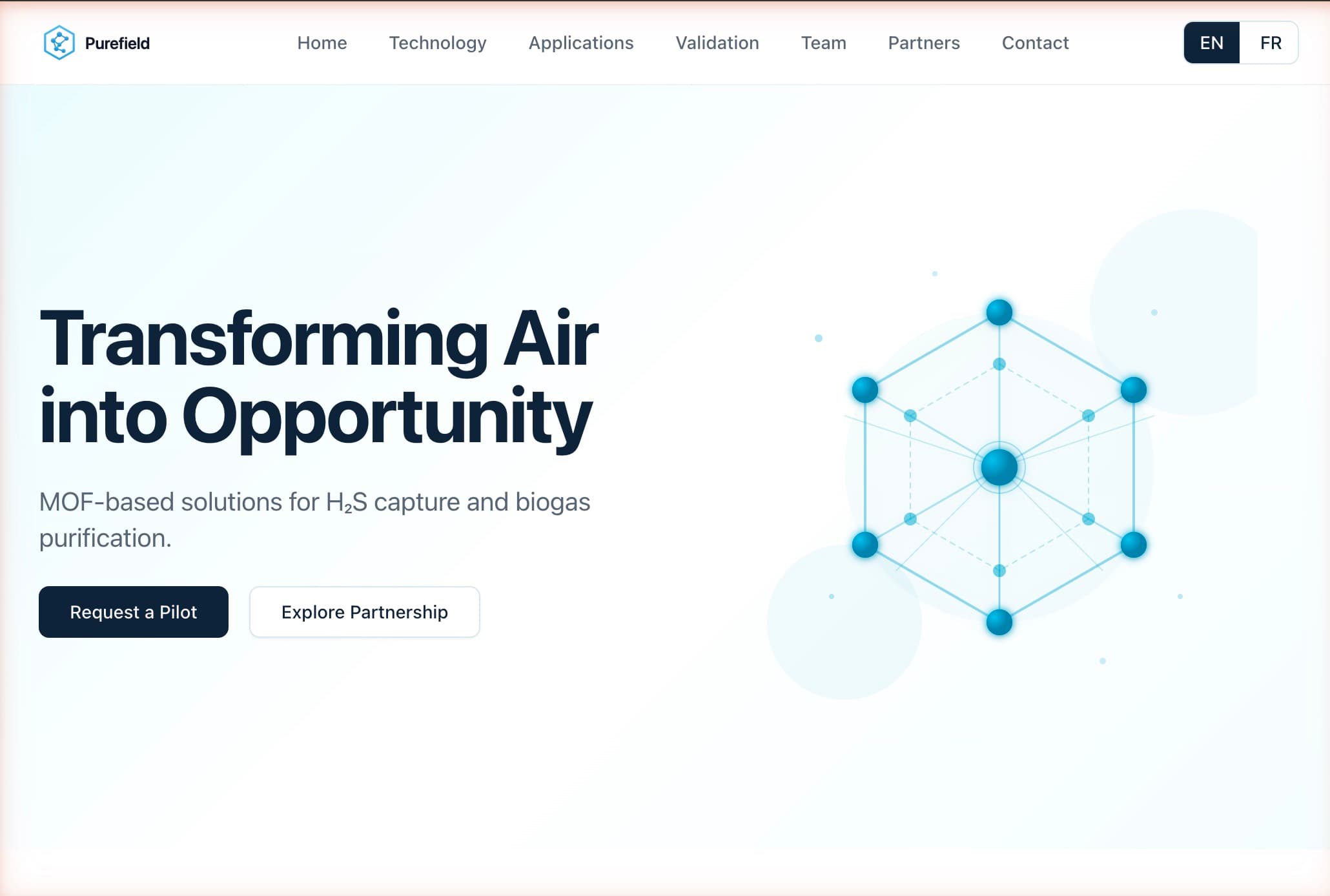 Purefield concept project — B2B cleantech homepage