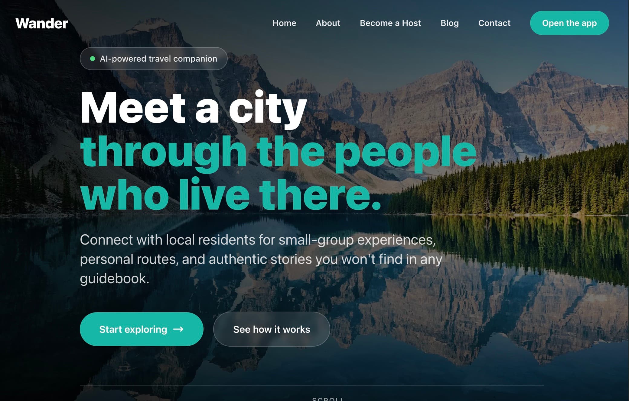 Wander concept project — peer-to-peer travel platform homepage